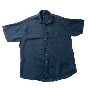 BROOKS BROTHERS 100% Linen Short Sleeve Button Down Shirt Navy Blue size Large